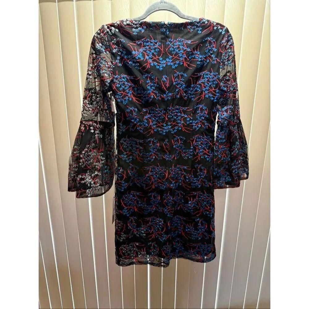 Nicole Miller Embroidered Mesh Dress Black Red Blue Sheer Bell Sleeve Cocktail S - Picture 8 of 13